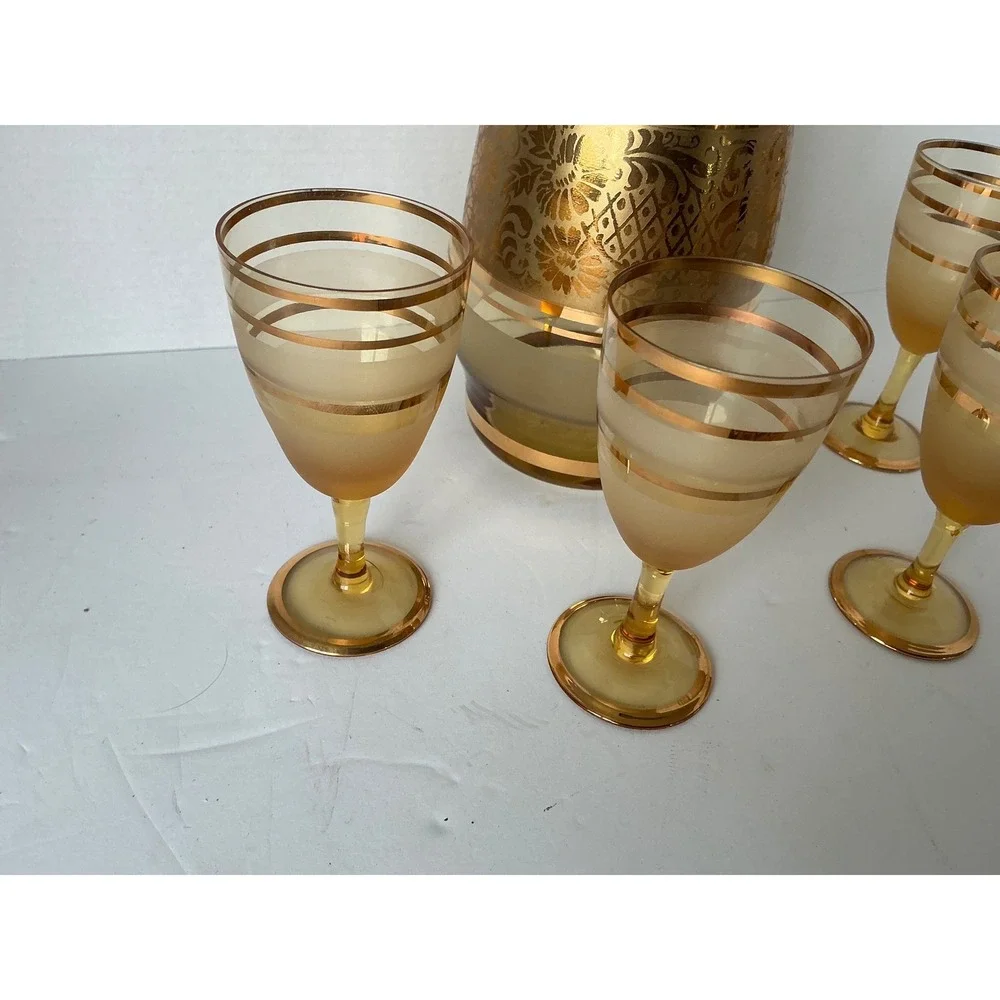 Bohemia‎ Crystal Vintage Amber Glass Decanter Set Gold Encrusted Floral 5pc MCM